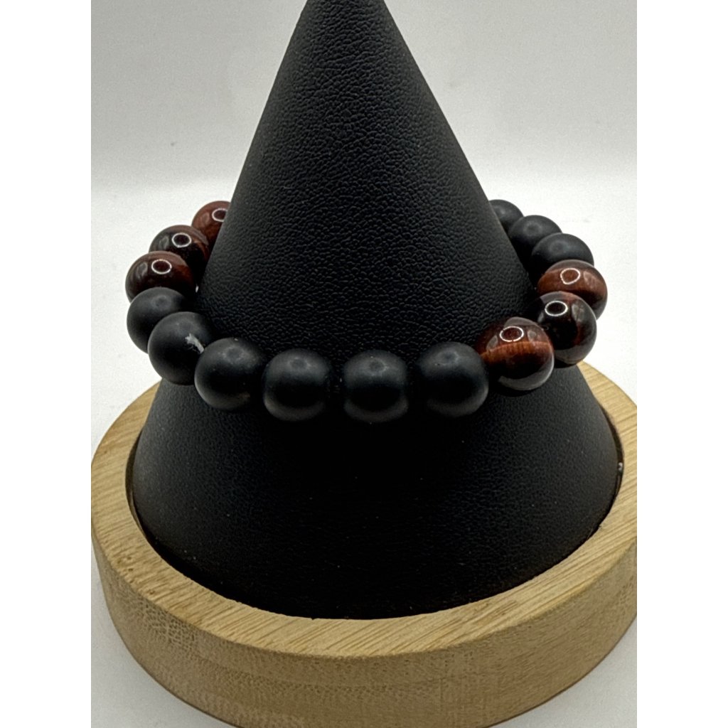 Mens Black Onyx Red Tiger Eye Beaded Stretch Bracelet With Silver Accent